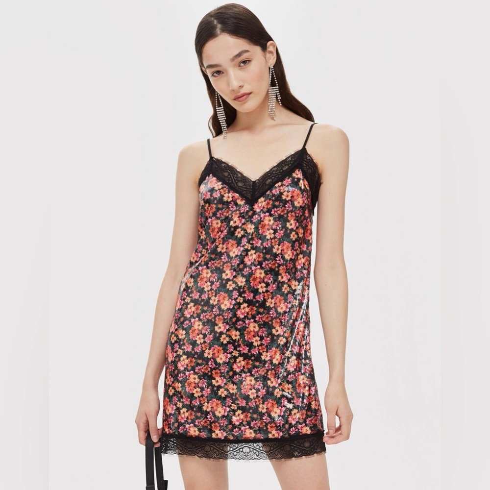 Topshop Size 0 Women's Floral Sequin Lace Trim Slip Mini Dress in Black Multi